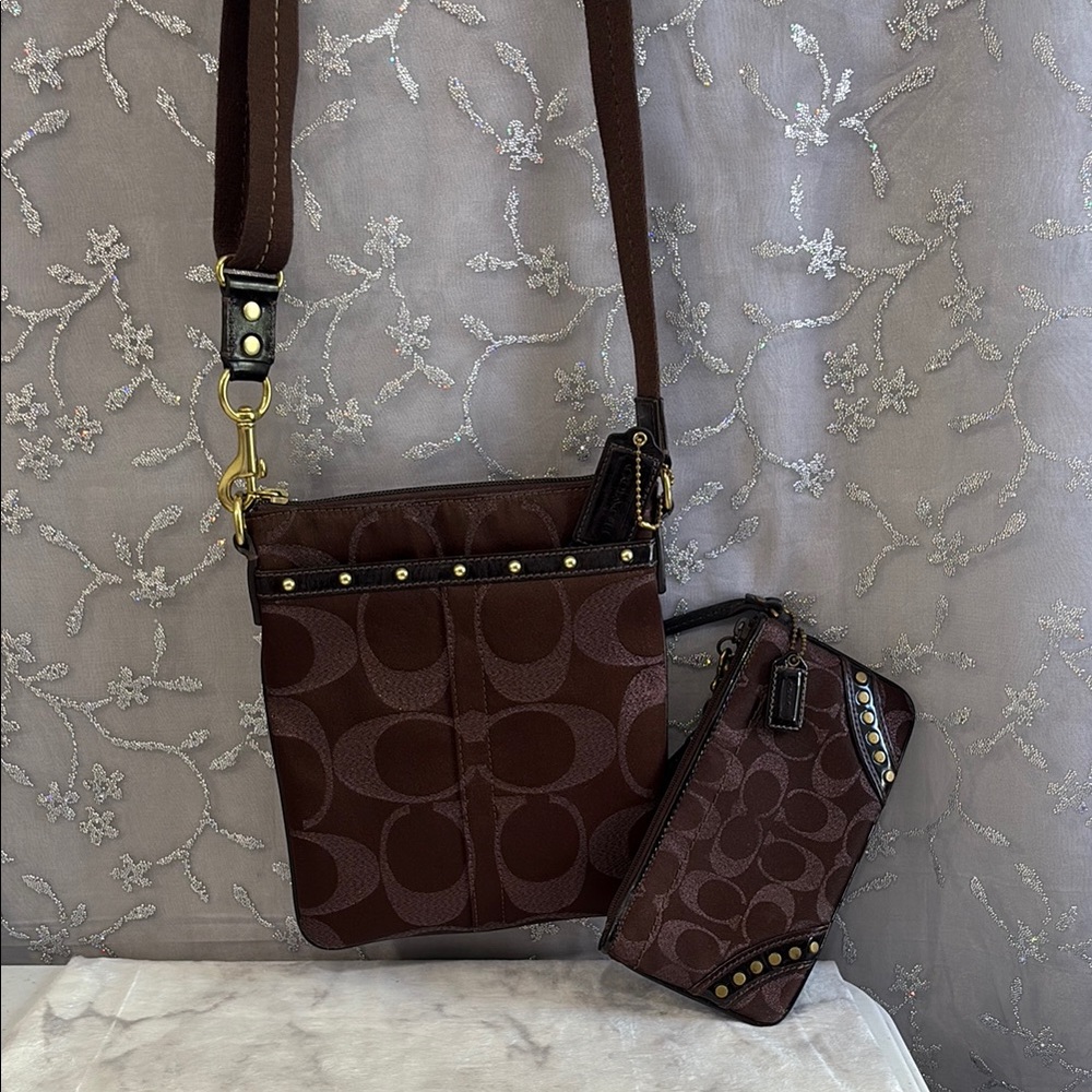 Coach Brown Crossbody Bag with Signature Monogram and Leather Trim